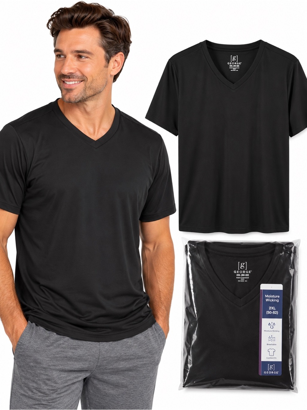NWT George Men’s 2XL Black V-Neck Moisture Wicking Tee 2-Pack